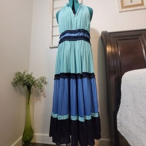 Current Air by Anthropologie Blue Colorblock Maxi Halter Ruffle Dress Size Large